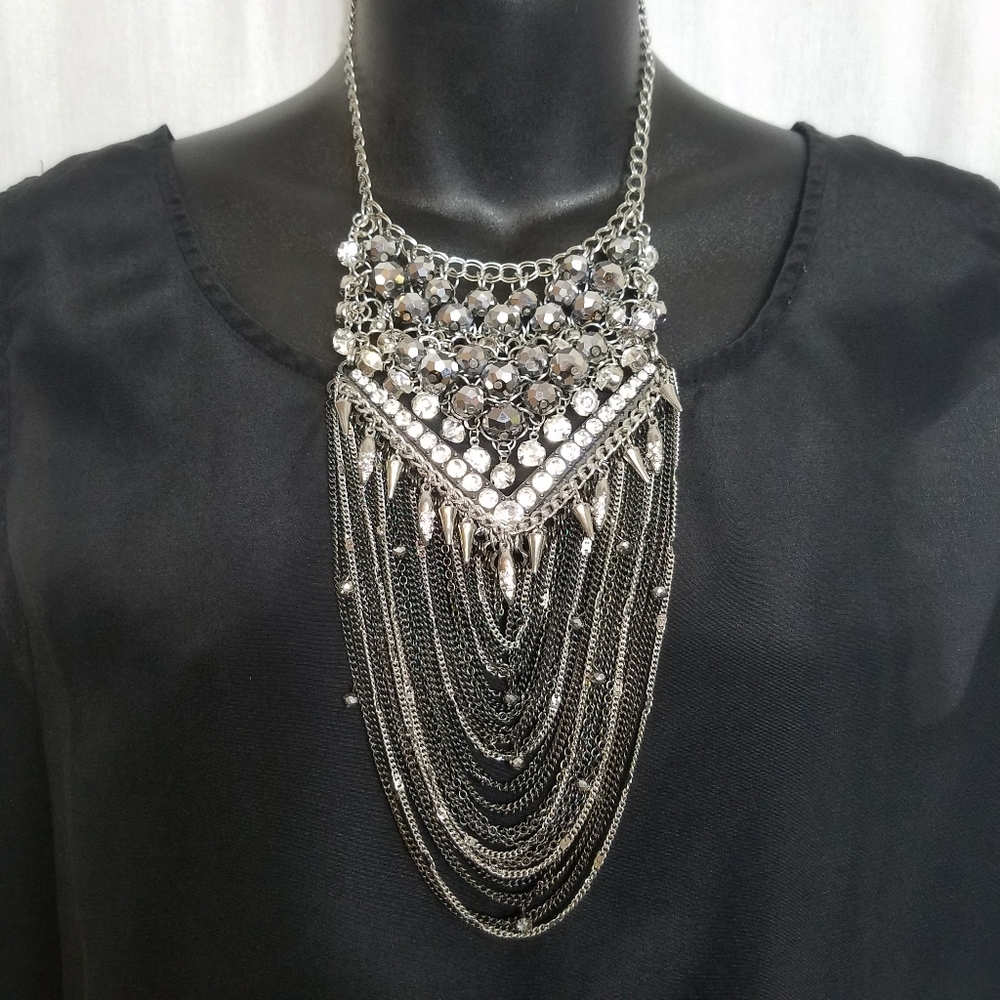 Silver Beaded Chain Rhinestone Statement N…